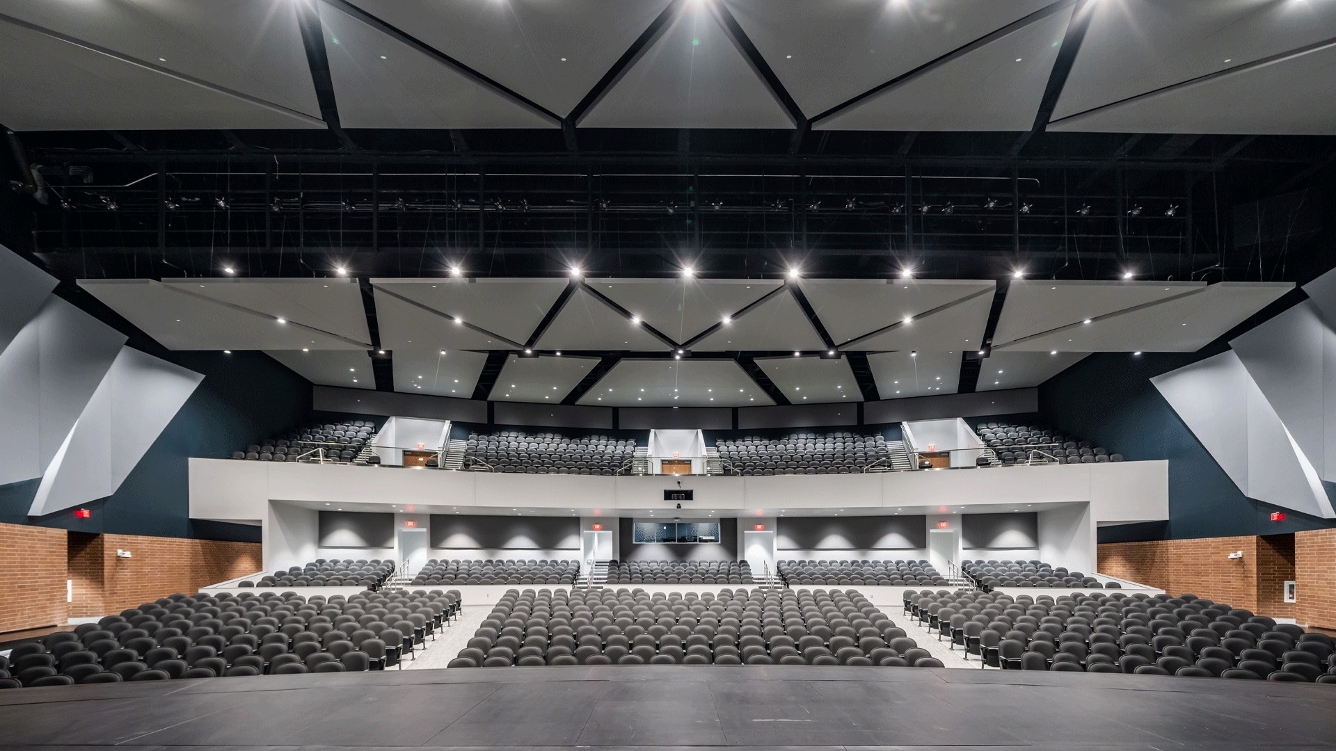 Wide view of the Maize auditorium ceiling and performance stage