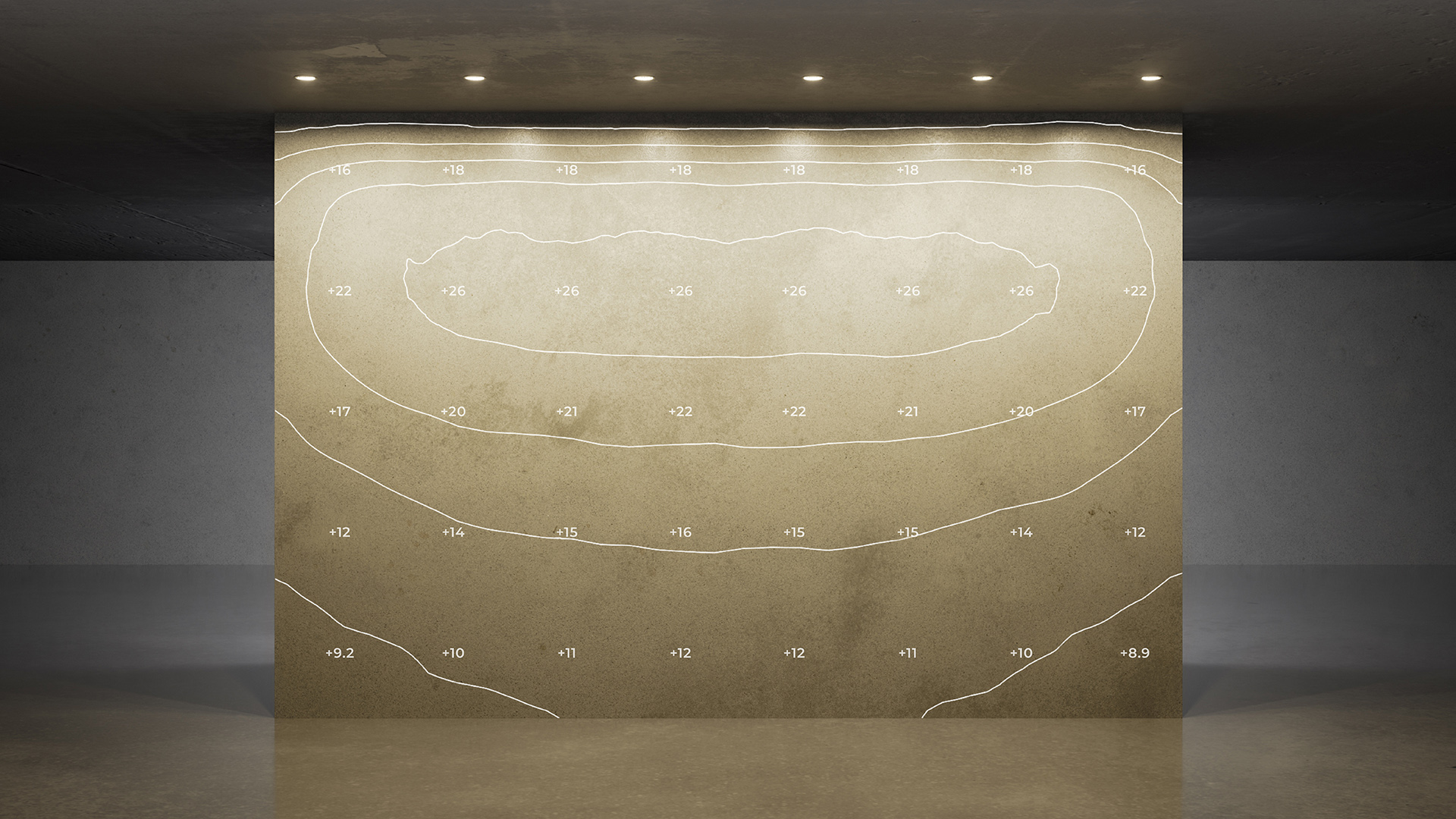 Downlight wall-wash lighting pattern with lux distribution on a vertical wall